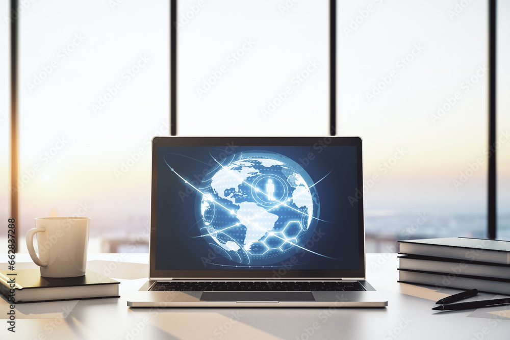 Aufkleber Social network concept with world map on modern laptop screen. 3D Rendering