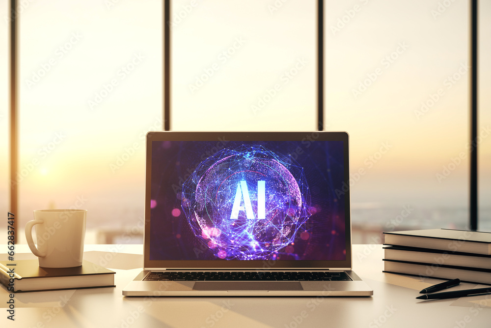 Poster Creative artificial Intelligence symbol concept on modern computer monitor. 3D Rendering