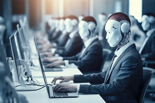 Robots replace people at work. Job interview.