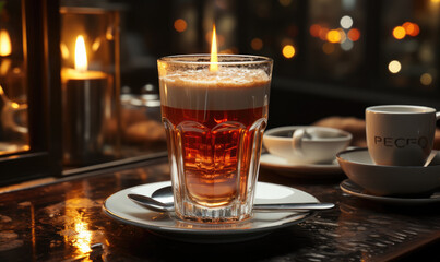 In a moody cafe setting, a hot cup of coffee takes center stage against a dark background. As a...