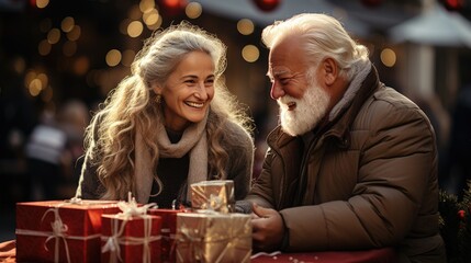 Obraz na płótnie Canvas Elderly Couple Share Christmas Gifts