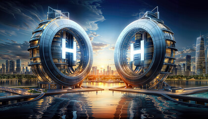 Digital illustration: Hydrogen Spheres Amid Cyberpunk Neon Lights