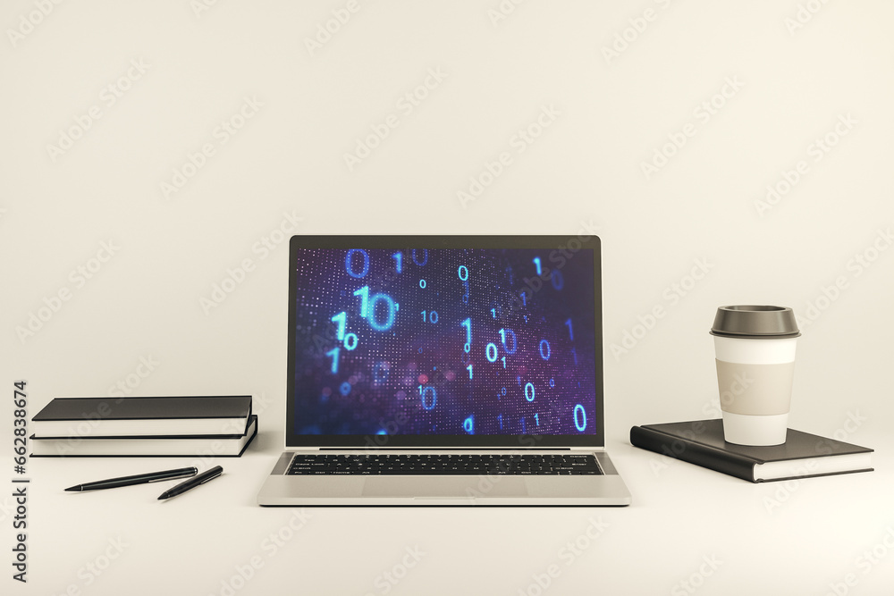 Aufkleber Creative abstract binary code sketch on modern laptop monitor, hacking and matrix concept. 3D Rendering