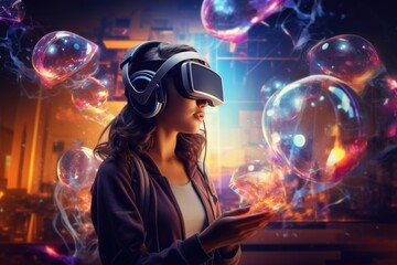 A girl in virtual reality glasses.