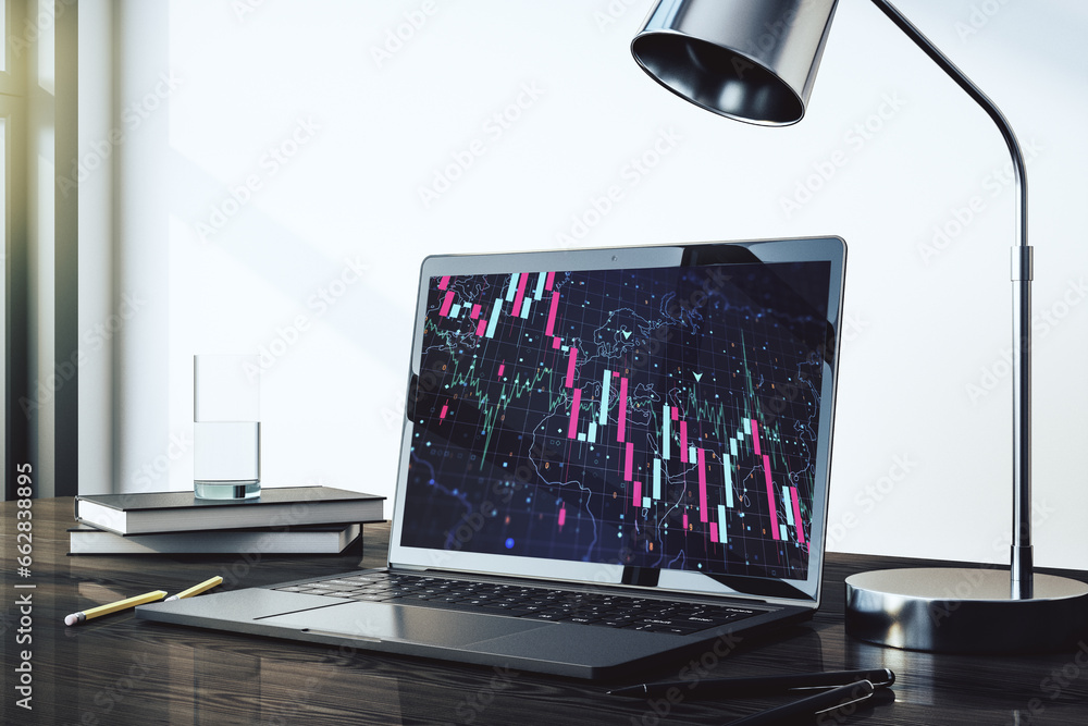 Poster modern computer monitor with creative abstract global crisis chart with world map hologram. financia