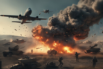 battle field in a war. bombs and explosions in the background. fire smoke and ash everywhere. plane and soldiers