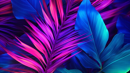 Exotic Leaves with a Neon Glow Tropical Summer Background