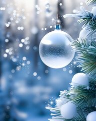 Zimowa kartka świąteczna, niebieskie tło zimowe ze śniegiem, bańkami świątecznymi na choince i z miejscem na tekst - obrazy, fototapety, plakaty