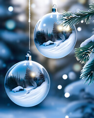 Zimowa kartka świąteczna, niebieskie tło zimowe ze śniegiem, bańkami świątecznymi na choince i z miejscem na tekst
