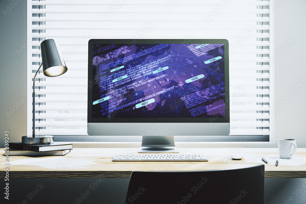 Poster abstract creative coding concept with world map on modern laptop screen. 3d rendering