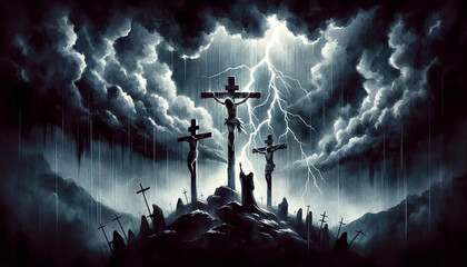 Golgotha's Gloom: Jesus Christ Crucified Amidst the Dark Fury of Storm Clouds, Lightning, Heavy Rain and Two Thieves.
