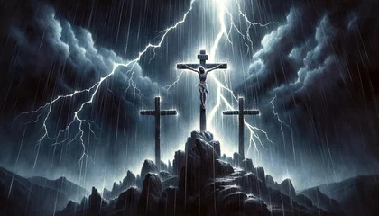 Foto op Plexiglas Calvary's Confrontation: Divine Redemption in the Crucifixion as Jesus Christ is Crucified on the Holy Cross, Amidst Ominous Dark Storm Clouds, Electrifying Lightning, and Heavy Rain. © Tekweni