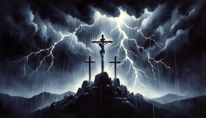 The Crucifixion in the Storm: Jesus Christ Crucified between Thieves, Amidst Dark Storm Clouds and Flashes of Lightning on Golgotha. - obrazy, fototapety, plakaty