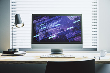 Fototapeta premium Abstract creative coding concept with world map on modern laptop screen. 3D Rendering
