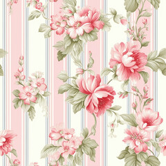 Seamless pattern, tileable striped pink floral country style print for wallpaper, wrapping paper with English countryside rose flowers for scrapbook, fabric and product design
