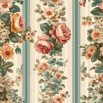 Seamless pattern with flowers, classic country cottage style floral and stripes print for wallpaper, fabric and product design, generative ai