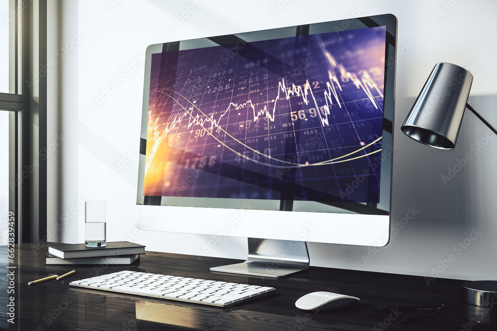 Aufkleber modern computer screen with abstract creative financial chart, research and analytics concept. 3d re