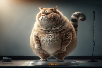 A red, fat cat stands on the scales. AI generated - obrazy, fototapety, plakaty