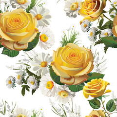 Yellow roses with daisy and white flowers seamless pattern
