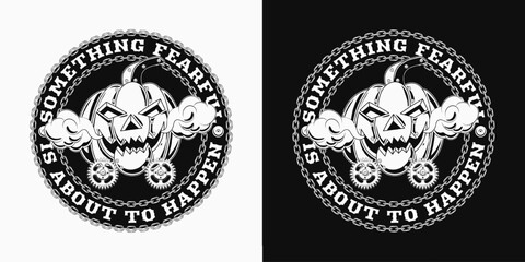 Halloween circular label in steampunk style with pumpkin head, rusty gears, rough chains. Creative fantasy concept. Black and white illustration in vintage style. Not AI