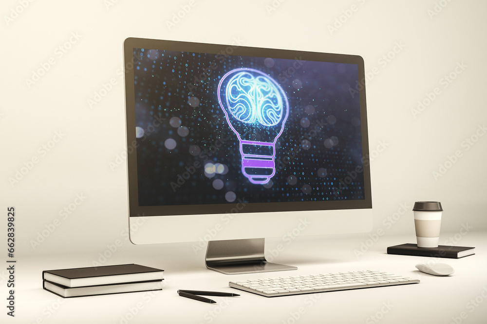 Poster Creative idea concept with light bulb and human brain illustration on modern laptop screen. Neural networks and machine learning concept. 3D Rendering