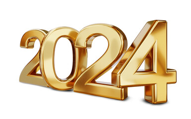 golden glossy metallic 2024 bold symbol isolated, small shadows as top light, new year Sylvester, year as number 3d-illustration