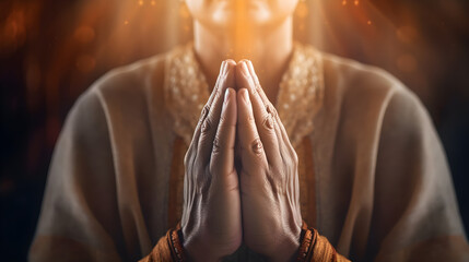 Praying hands with faith in religion and belief in God. Power of hope or love and devotion. Prayer position. - obrazy, fototapety, plakaty