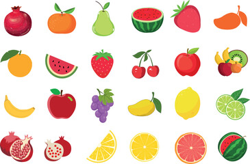 fruits vector illustration,Vibrant, colorfu, pomegranate, orange, pear, watermelon, strawberry, cherry, apple, grape, banana, lemon, lime, kiwi, mango, papaya, pineapple, grapefruit, cantaloupe, peach