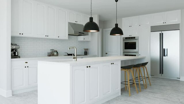 White kitchen interior with island, kitchen appliances and lighting.