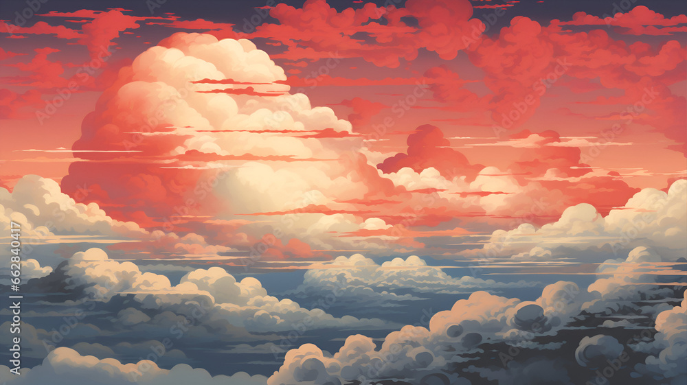 Wall mural White and Red Orange Cumulus Clouds in Anime Style Illustration