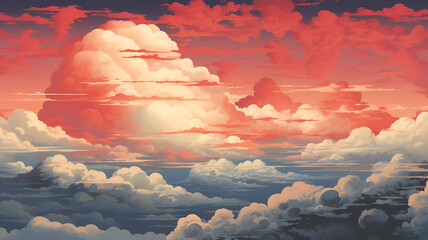 White and Red Orange Cumulus Clouds in Anime Style Illustration - obrazy, fototapety, plakaty