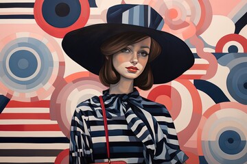 artistic portrait artwork illustration of fashionista woman wearing blue and white strip dress with hand, geometric background, 