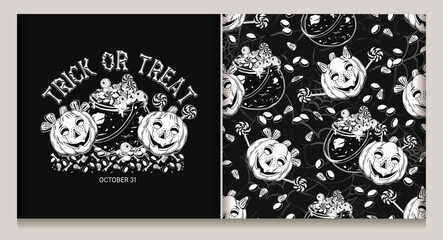 Pattern, label with witch cauldron full of traditional halloween candy, eyeballs, pumpkin heads like happy kids. Drops of goo, slime. Grunge silhouette of spider web behind Not AI