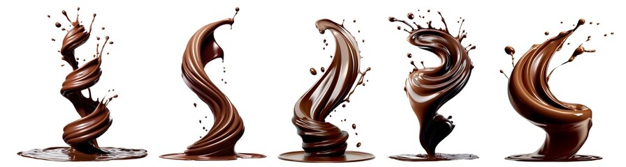 Brown chocolate liquid paint milk splash swirl wave on transparent background cutout, PNG file. Many assorted different design. Mockup template for artwork graphic design - obrazy, fototapety, plakaty