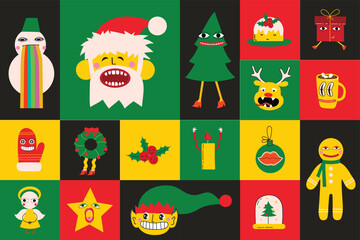 Cute Christmas stickers. Collection of Christmas decorations, holiday gifts, gingerbread, trees and gifts. Vector illustration, collection design and element for Christmas and New Year.