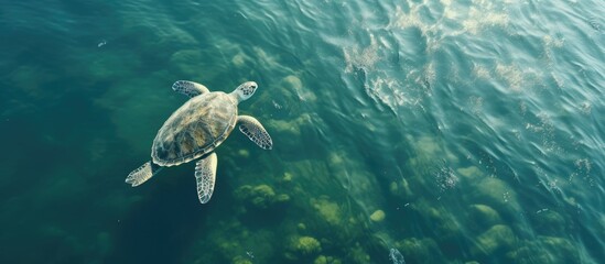Obraz premium Green sea turtle captured by drone in Liuqiu Island Taiwan in bright morning sunlight With copyspace for text