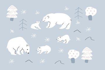 set of cute polar bear moms and kids with trees