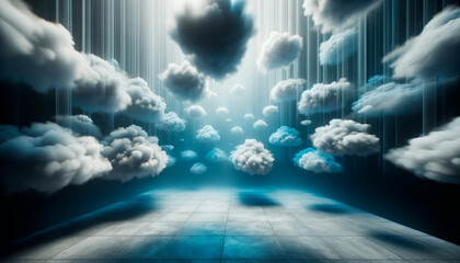 Digital composite of Clouds and sky in front of stage with blue background. Generative AI - obrazy, fototapety, plakaty