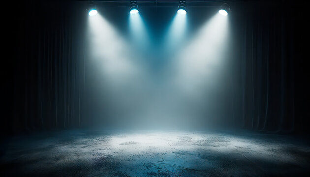 Blue stage background with spotlights and smoke. Generative AI
