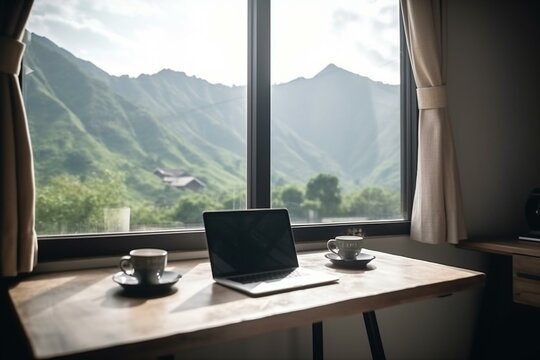 Scenic mountain view from window with laptop and beverage on desk. Freelance job concept. Generative AI