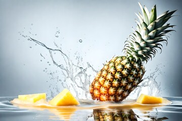 pineapple in water splash with white background.