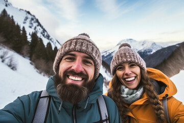 Fototapeta na wymiar Generative AI self portrait two people couple beat friends traveling together making selfies blogging exploring mountain winter beauty