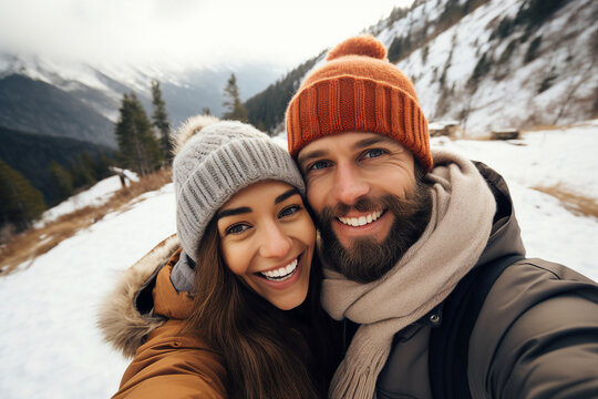 Generative AI picture of funny happy couple traveling together winter season snowy mountains