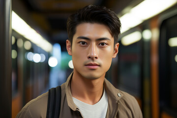 Generative AI portrait of traveler person using public transport have trip tourist subway train bus