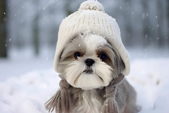 Shih tzu in warm hat on blurred snowy background. Photo of funny pet in winter