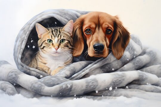 Tabby breed cat and dachshund snuggling up with a warm blanket in winter. Watercolor illustration of pets in a cozy environment