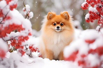 Pomeranian in a winter snow garden with red berries in the foreground - obrazy, fototapety, plakaty