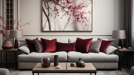 Grey sofa with maroon pillows. Farmhouse home interior design of modern living room