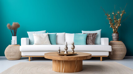 Rustic round coffee table near white sofa against turquoise wall. Scandinavian home interior design of modern living room