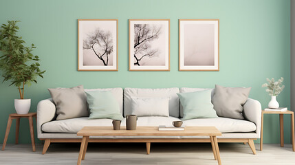 Rustic coffee table near sofa against mint color wall with frame poster. Scandinavian home interior design of modern living room in farmhouse